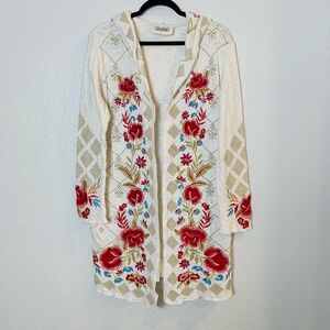 Time for‎ Me Embroidered Floral Hooded Cardigan Sweater Jacket Large? White Boho